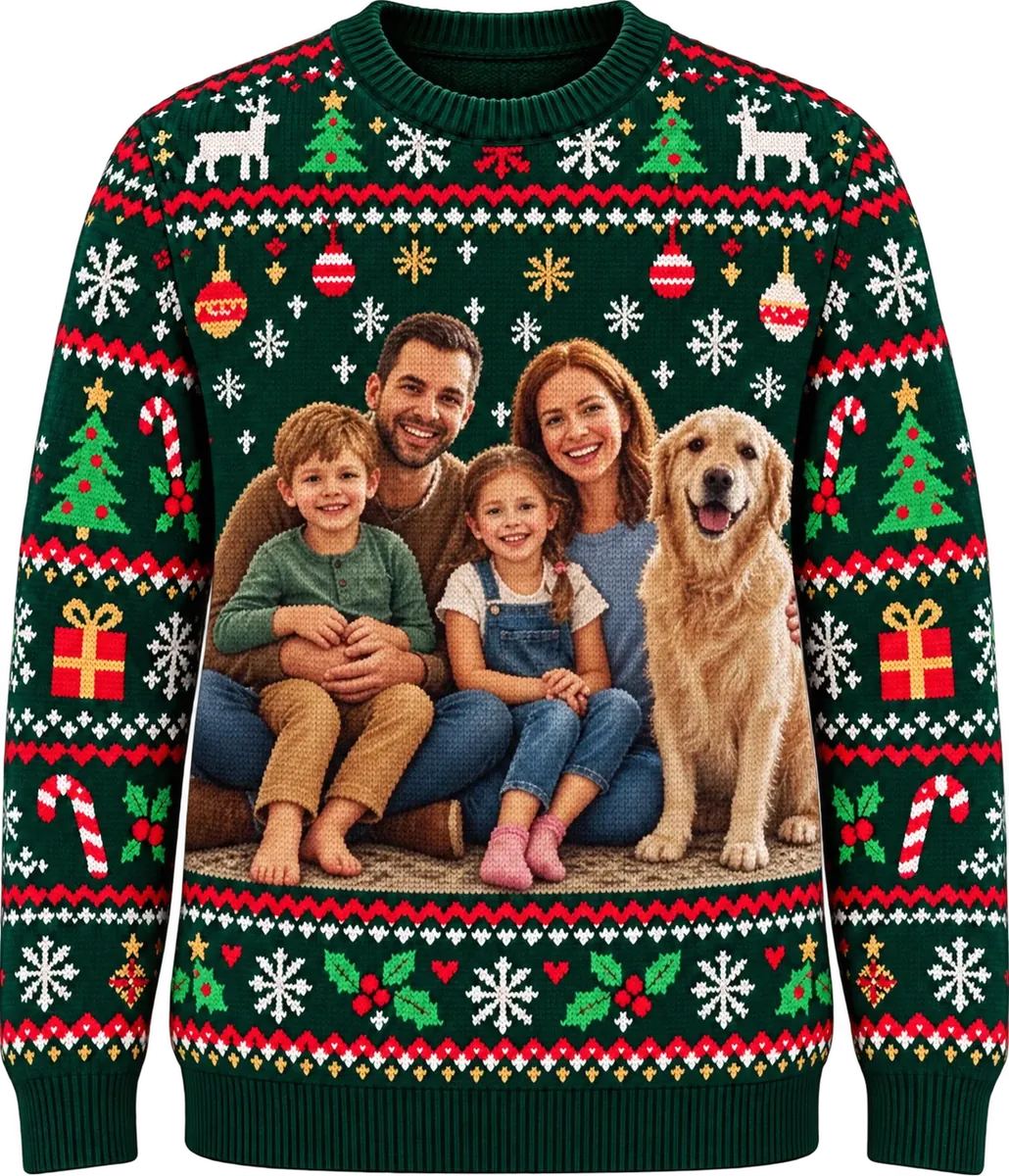An evergreen fair-isle Christmas sweater with a knitted portrait of a mum, a dad, a boy, a girl and their golden retriever, among knitted baubles, reindeer and candy canes