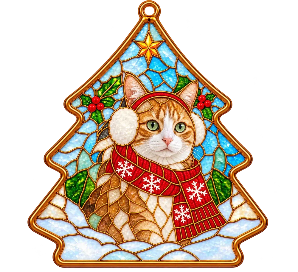 A tree-shaped stained-glass ornament in icy blue and green glass inside a gold frame, with a ginger-and-white cat in a red snowflake scarf and white earmuffs leaded into the middle