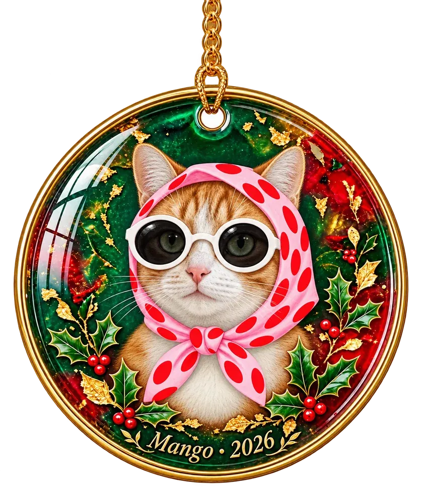 A round holly ornament on a gold chain: a ginger-and-white cat in a pink polka-dot headscarf and round white sunglasses under a glossy dome, framed by holly and touches of gold, with Mango · 2026 in gold on the rim