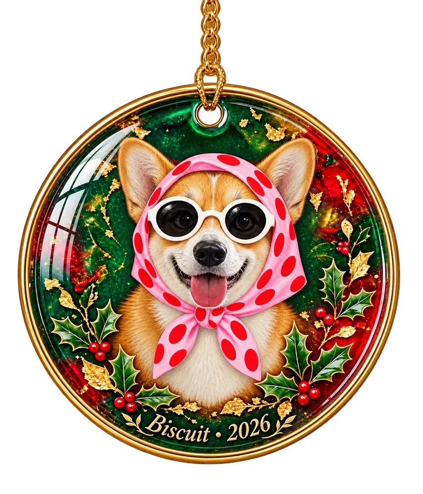A round holly ornament on a gold chain: a corgi in a pink polka-dot headscarf and round white sunglasses under a glossy dome, framed by holly and touches of gold, with Biscuit · 2026 in gold on the rim