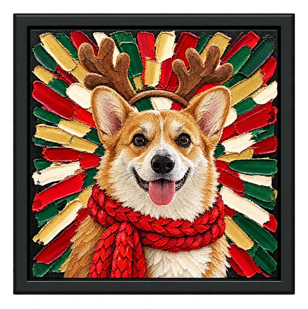 A palette-knife portrait of a corgi in felt reindeer antlers and a chunky red scarf, in a red, evergreen, gold and cream sunburst