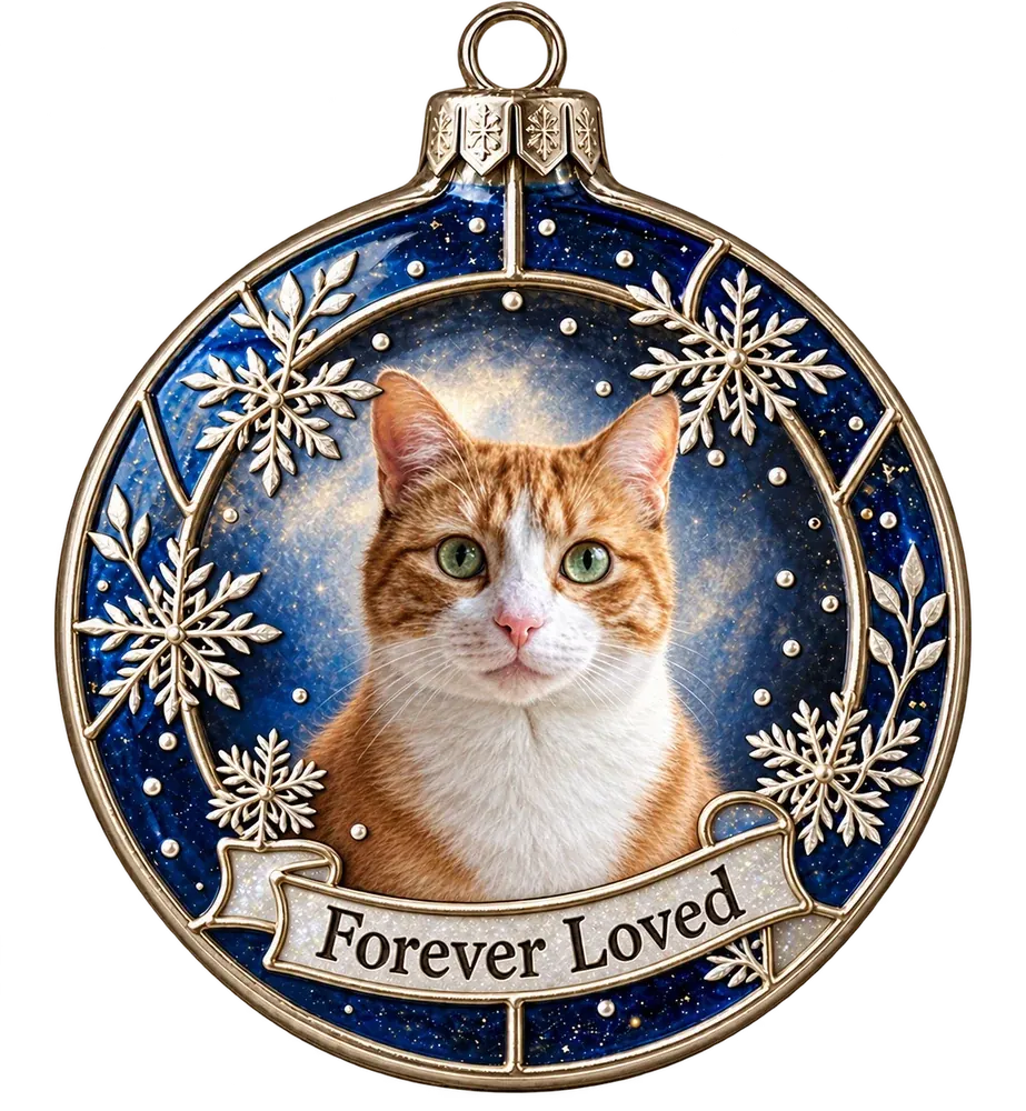 A silver and midnight-blue glass ornament with a soft moonlit portrait of a ginger-and-white cat among silver snowflakes, and Forever Loved on the silver ribbon