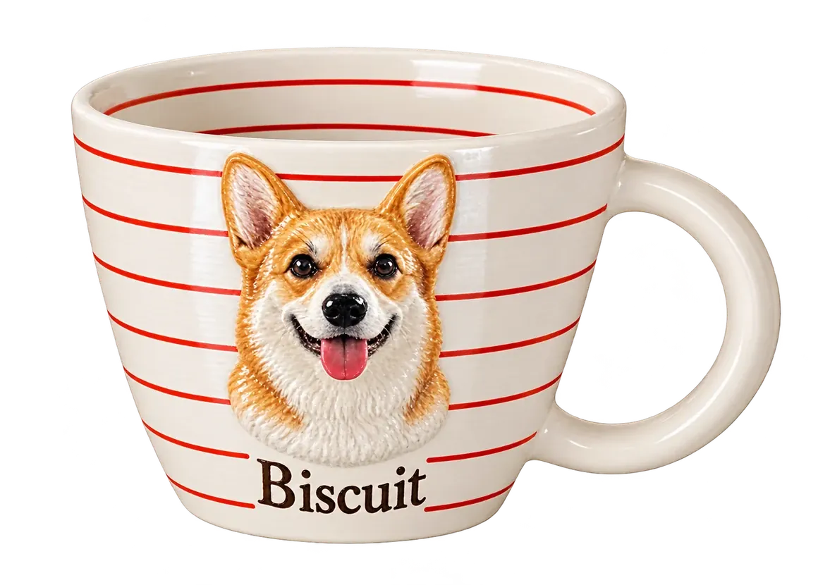 One of a set of four mugs: a tomato-striped mug with a corgi sculpted on the front and Biscuit underneath