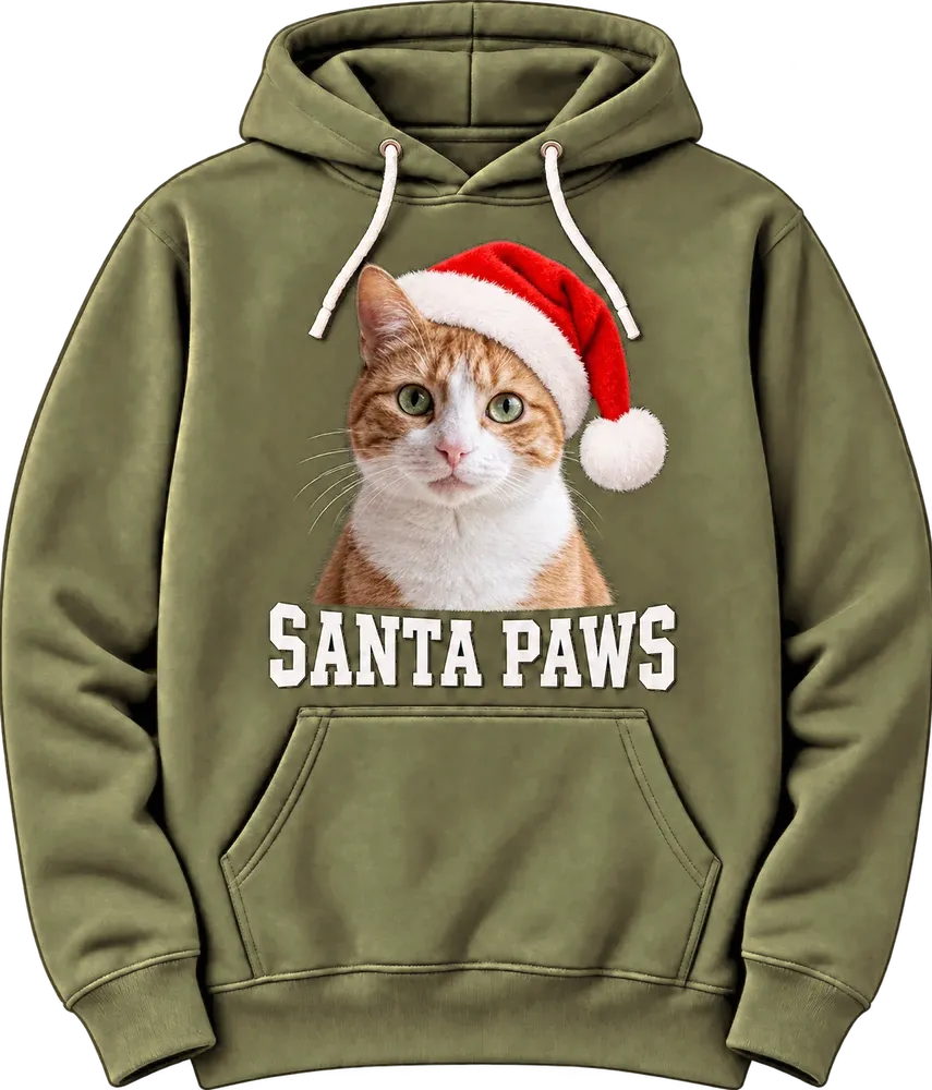 An olive hoodie with a ginger-and-white cat in a Santa hat on the chest and SANTA PAWS in white varsity letters underneath