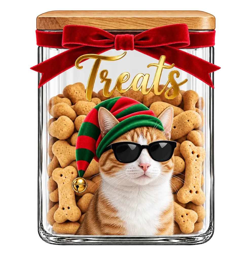 A square glass jar with an oak lid, full of bone biscuits, with a ginger-and-white cat in a striped elf hat and sunglasses on the front and Treats in gold script