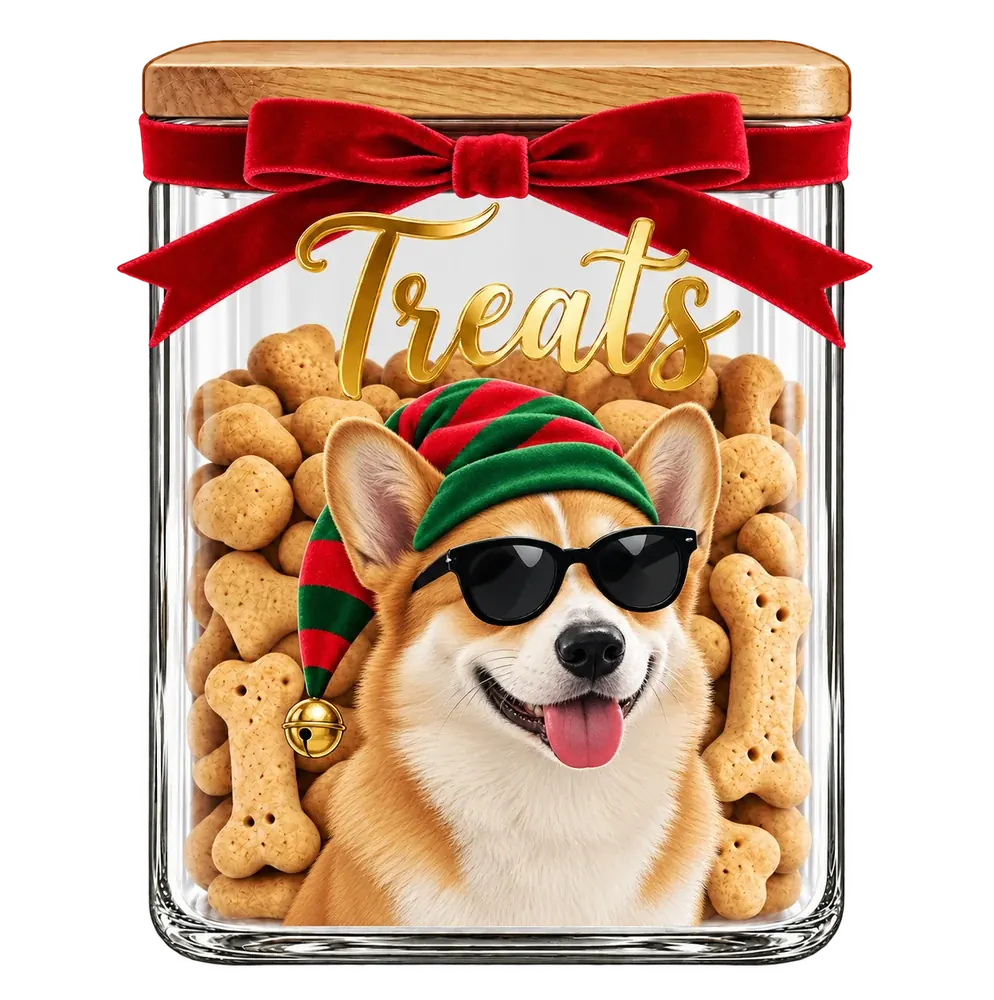 A square glass jar with an oak lid, full of bone biscuits, with a corgi in a striped elf hat and sunglasses on the front and Treats in gold script