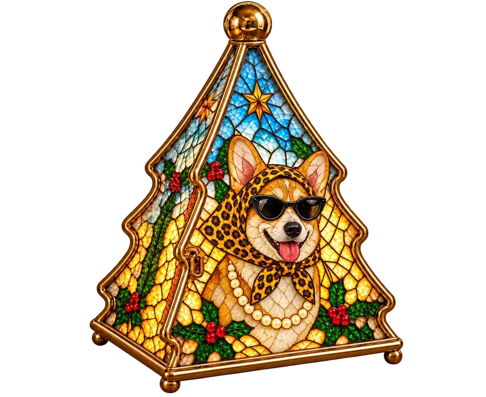 A brass Christmas-tree lantern with a stained-glass portrait of a corgi in a leopard headscarf, cat-eye sunglasses and pearls leaded into its front panel