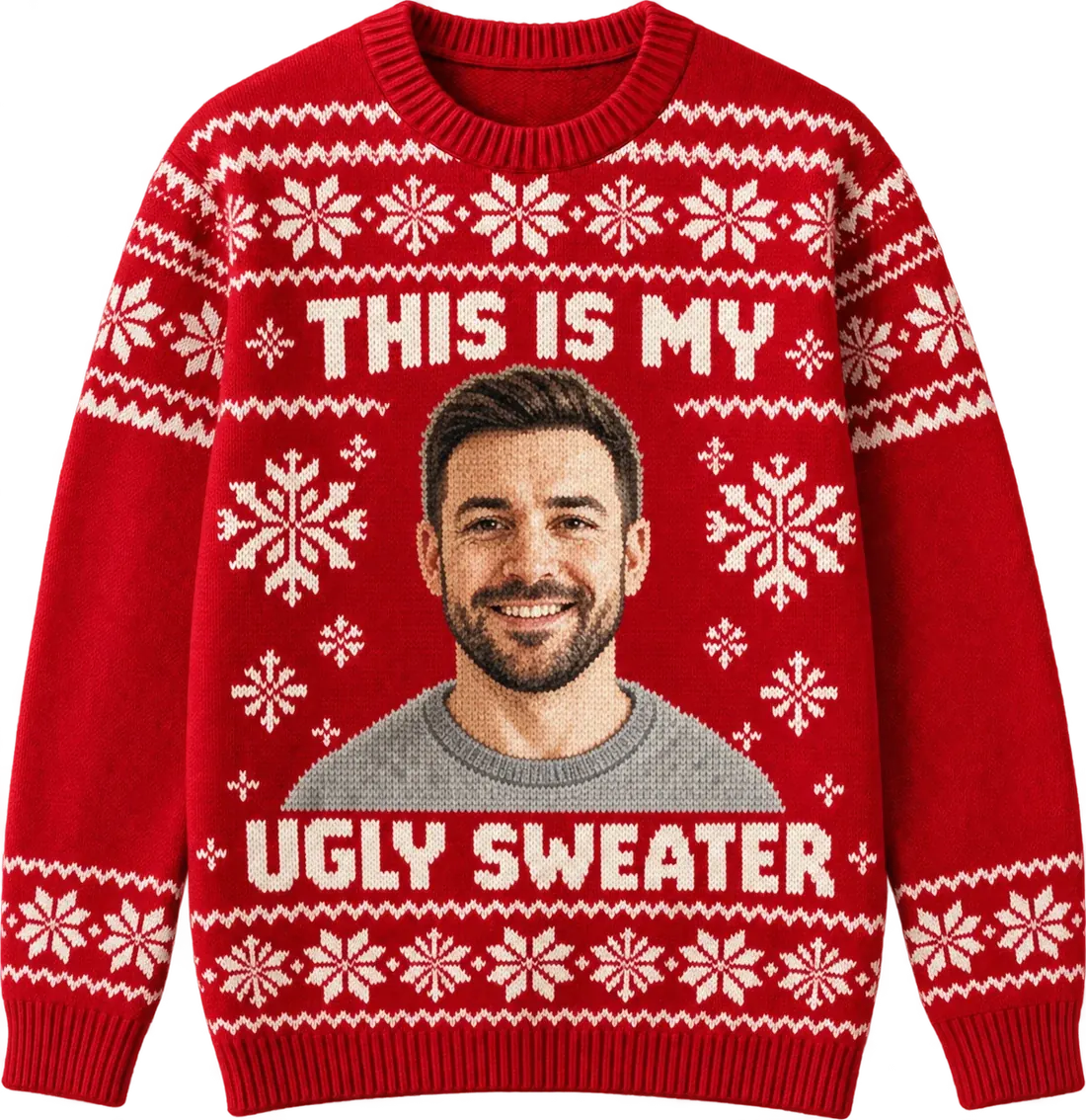 A cranberry snowflake sweater with a knitted portrait of a smiling bearded man, THIS IS MY knitted above it and UGLY SWEATER below