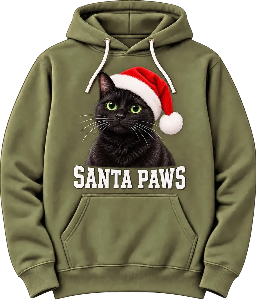An olive hoodie with a black cat in a Santa hat on the chest and SANTA PAWS in white varsity letters underneath