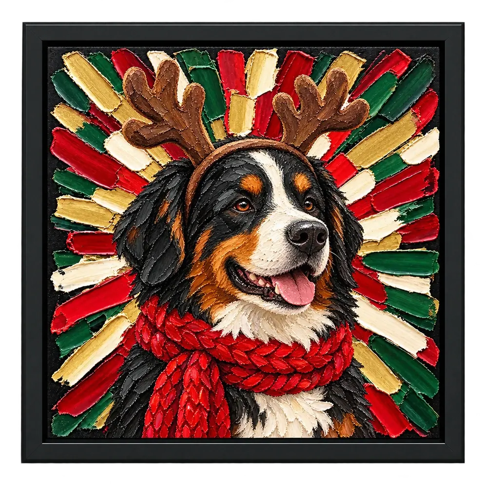 A palette-knife portrait of a Bernese mountain dog in felt reindeer antlers and a chunky red scarf, in a red, evergreen, gold and cream sunburst