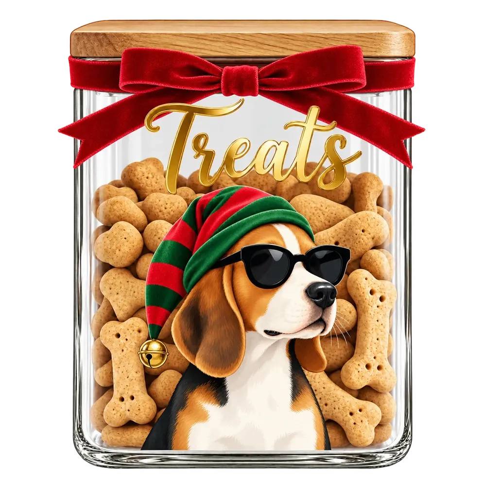 A square glass jar with an oak lid and a red velvet bow, full of bone biscuits, with a beagle in a striped elf hat and sunglasses on the front and Treats in gold script