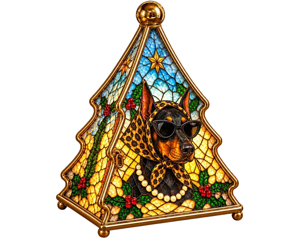 A brass Christmas-tree lantern with a stained-glass portrait of a Dobermann in a leopard headscarf, cat-eye sunglasses and pearls leaded into its front panel