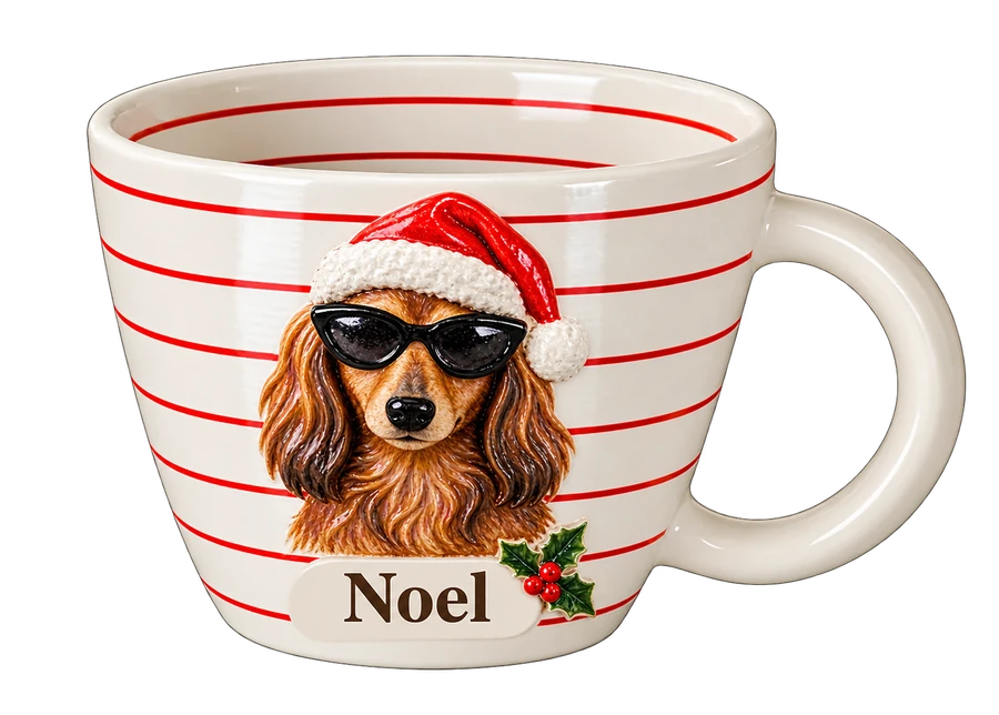 One of a set of four mugs: a tomato-striped mug with a long-haired dachshund in a Santa hat and cat-eye sunglasses sculpted on the front, a holly sprig, and Noel underneath