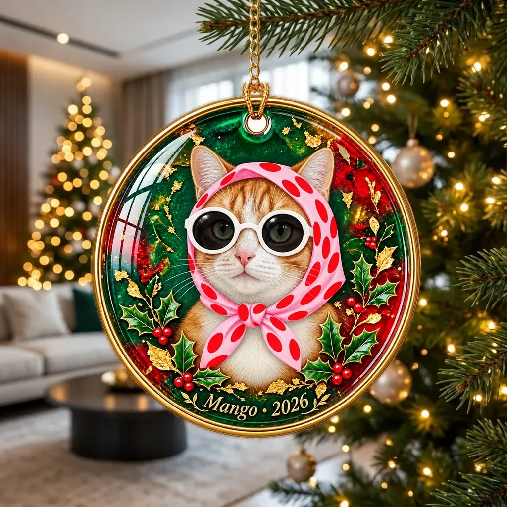 A Holly Ornament hanging on a lit Christmas tree in a living room: a ginger-and-white cat in a pink polka-dot headscarf and round white sunglasses under a glossy dome, with Mango · 2026 in gold on the rim