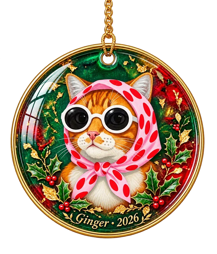 A round holly ornament on a gold chain: a ginger tabby cat in a pink polka-dot headscarf and round white sunglasses under a glossy dome, framed by holly and touches of gold, with Ginger · 2026 in gold on the rim