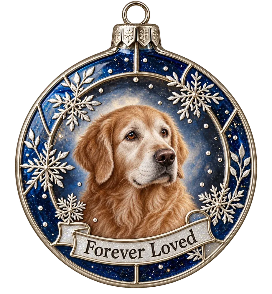 A silver and midnight-blue glass ornament with a soft moonlit portrait of an old golden retriever among silver snowflakes, and Forever Loved on the silver ribbon