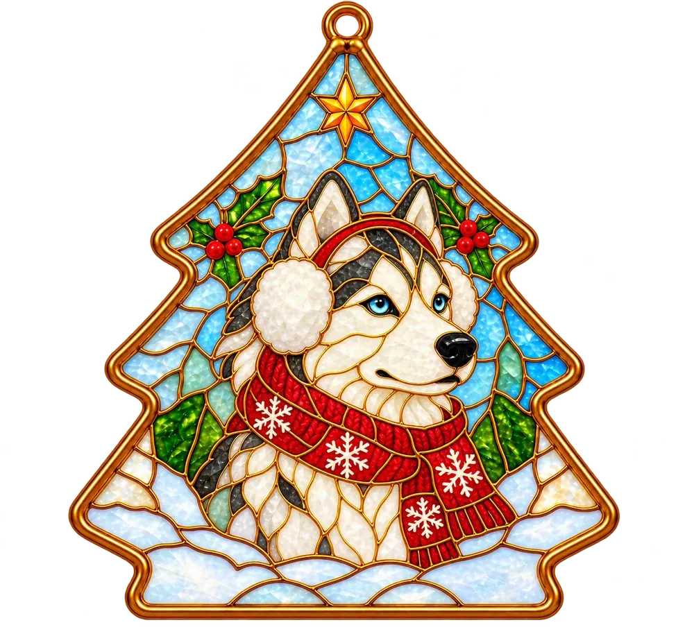 A tree-shaped stained-glass ornament in icy blue and green glass inside a gold frame, with a husky in a red snowflake scarf and white earmuffs leaded into the middle
