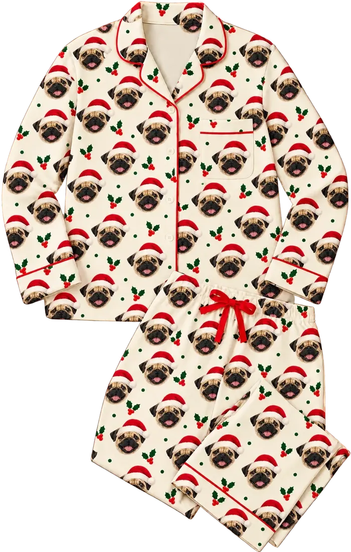 Cream pajamas with red piping, printed all over with a fawn pug in a Santa hat and holly sprigs between