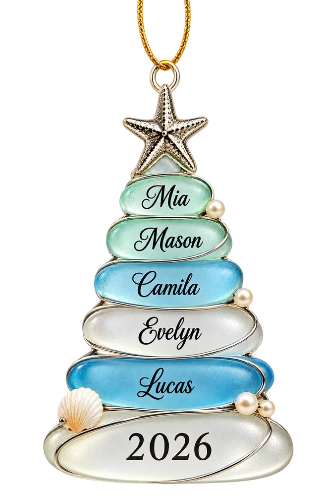 A little tree of five frosted sea-glass pebbles wrapped in silver wire, a silver starfish on top, the names Mia, Mason, Camila, Evelyn and Lucas, and 2026 on the base