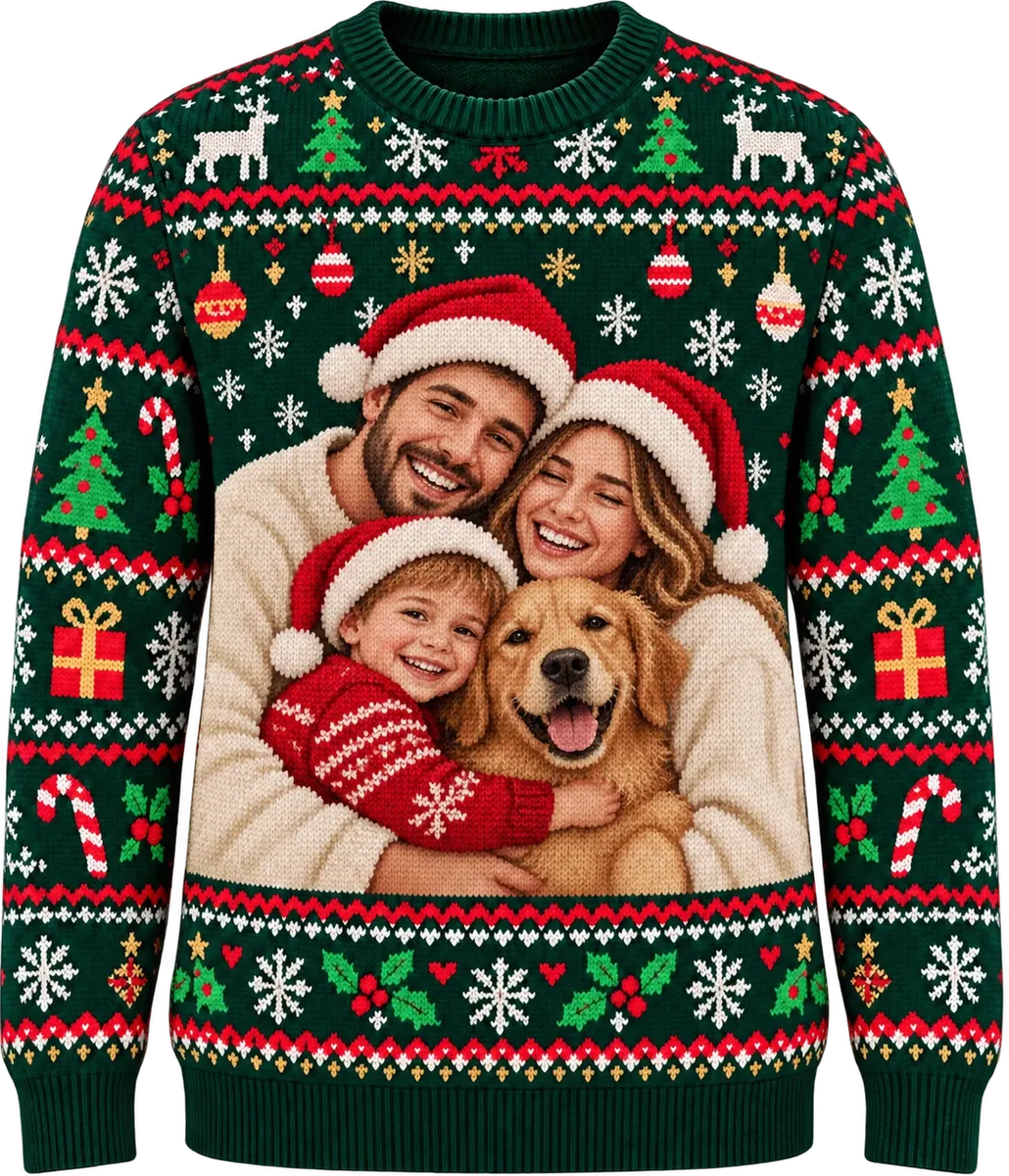 An evergreen fair-isle Christmas sweater with a knitted portrait of a mum, a dad and a little boy in red Santa hats hugging their golden retriever, among knitted baubles, reindeer and candy canes