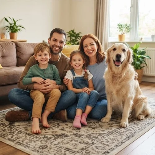 Sample photo: a mum, a dad, a boy, a girl and their golden retriever on a rug